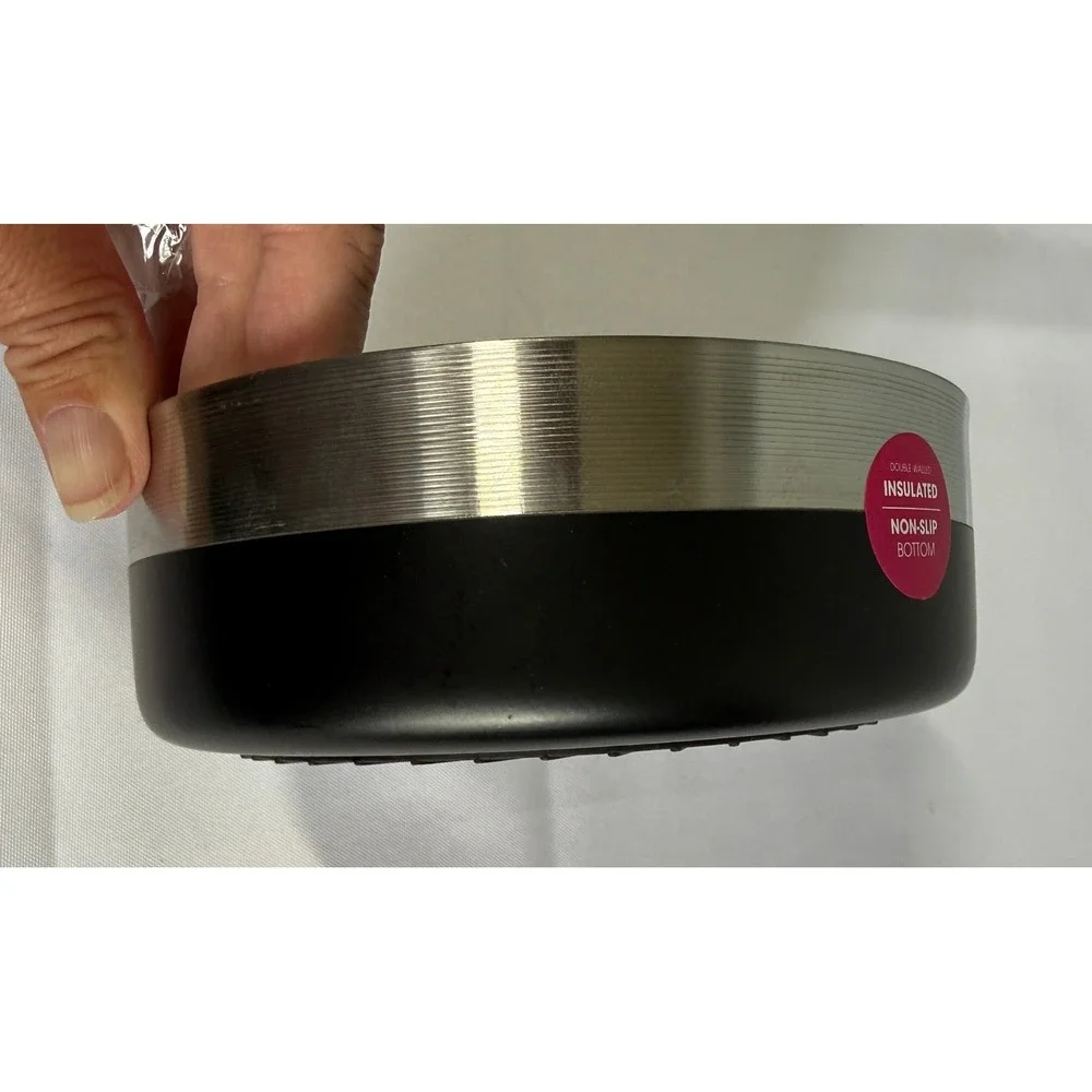 NWT Stainless Steel Dog Dish 4 Cups Black Silver Insulated Non Slip Water Bowl